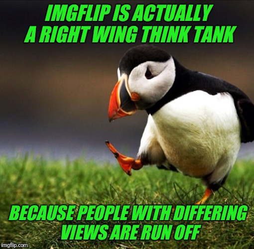 Echo chamber alert | IMGFLIP IS ACTUALLY A RIGHT WING THINK TANK; BECAUSE PEOPLE WITH DIFFERING VIEWS ARE RUN OFF | image tagged in unpopular opinion puffin,imgflip,deleted accounts,right wing | made w/ Imgflip meme maker
