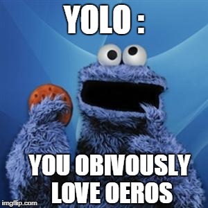 cookie monster | YOLO :; YOU OBIVOUSLY LOVE OEROS | image tagged in cookie monster | made w/ Imgflip meme maker