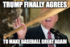 TRUMP FINALLY AGREES; TO MAKE BASEBALL GREAT AGAIN | image tagged in trump baseball - crappy photoshop | made w/ Imgflip meme maker