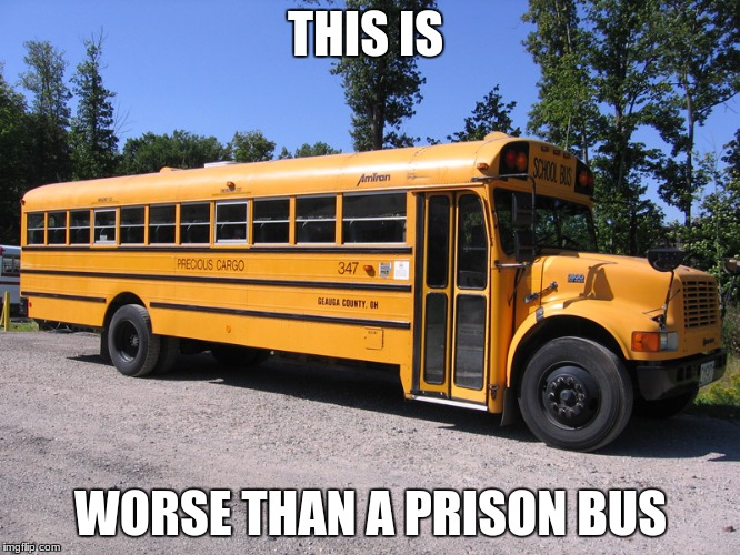 school bus | THIS IS; WORSE THAN A PRISON BUS | image tagged in school bus | made w/ Imgflip meme maker