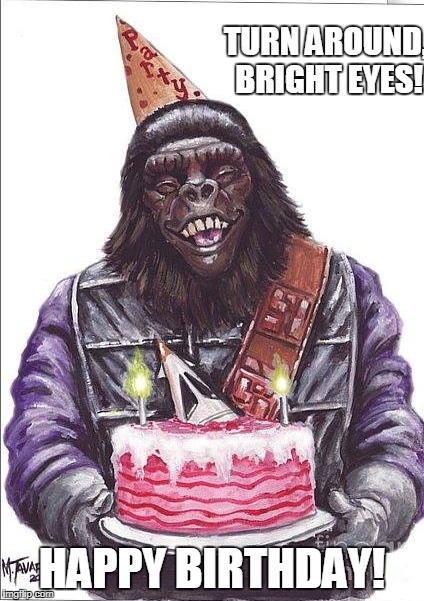 Apes Birthday | TURN AROUND, BRIGHT EYES! HAPPY BIRTHDAY! | image tagged in planet of the apes,funny,happy birthday | made w/ Imgflip meme maker