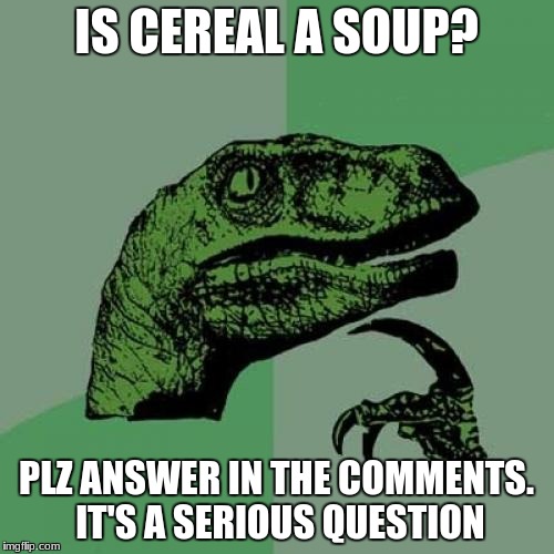 this is so important! | IS CEREAL A SOUP? PLZ ANSWER IN THE COMMENTS. IT'S A SERIOUS QUESTION | image tagged in memes,philosoraptor | made w/ Imgflip meme maker