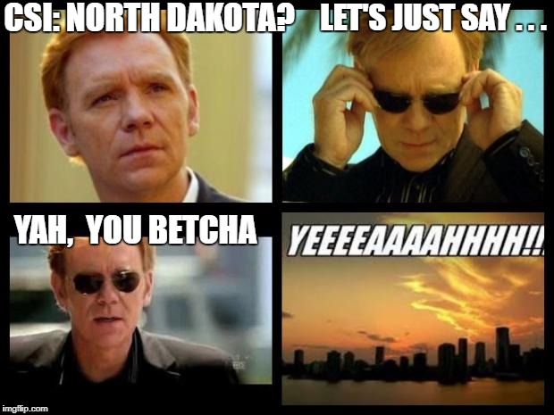 Front page-bound, baby! |  LET'S JUST SAY . . . CSI: NORTH DAKOTA? YAH,  YOU BETCHA | image tagged in csi | made w/ Imgflip meme maker