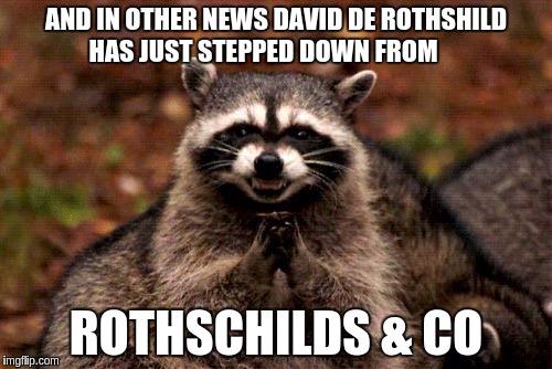 Evil Plotting Raccoon Meme | AND IN OTHER NEWS DAVID DE ROTHSHILD HAS JUST STEPPED DOWN FROM; ROTHSCHILDS & CO | image tagged in memes,evil plotting raccoon | made w/ Imgflip meme maker