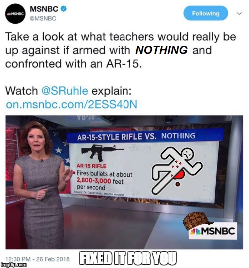 AR15 vs Armed/Unarmed Teacher FIXED | FIXED IT FOR YOU | image tagged in gun control,2nd amendment,fixed,douchebag,msnbc,guns | made w/ Imgflip meme maker