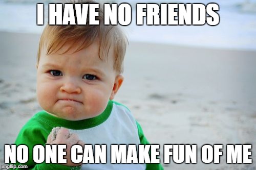 No friends | I HAVE NO FRIENDS; NO ONE CAN MAKE FUN OF ME | image tagged in memes,success kid original,no friends,bullies | made w/ Imgflip meme maker