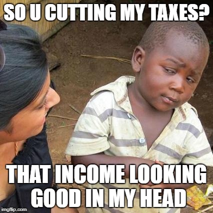 Third World Skeptical Kid Meme | SO U CUTTING MY TAXES? THAT INCOME LOOKING GOOD IN MY HEAD | image tagged in memes,third world skeptical kid | made w/ Imgflip meme maker