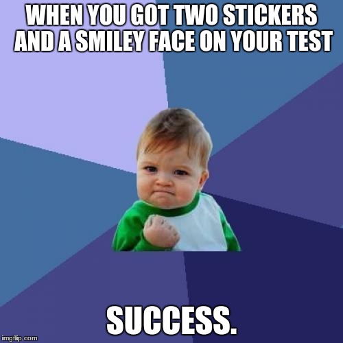 Sucess face | WHEN YOU GOT TWO STICKERS AND A SMILEY FACE ON YOUR TEST; SUCCESS. | image tagged in sucess face | made w/ Imgflip meme maker