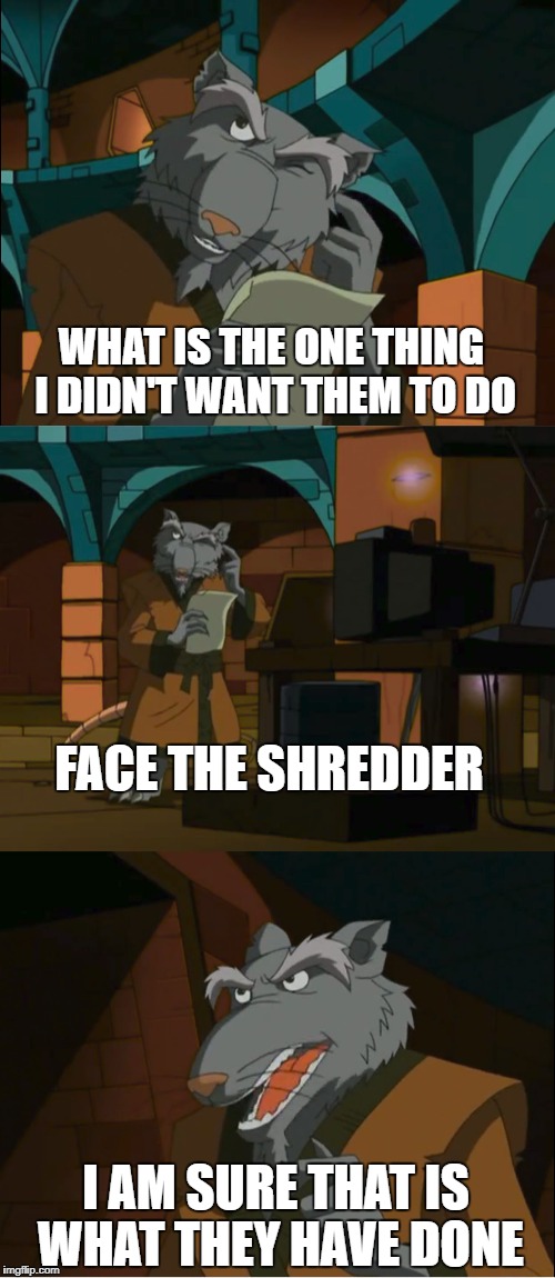 WHAT IS THE ONE THING I DIDN'T WANT THEM TO DO; FACE THE SHREDDER; I AM SURE THAT IS WHAT THEY HAVE DONE | image tagged in splinter 2003 | made w/ Imgflip meme maker