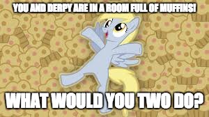 derpy in muffin heaven | YOU AND DERPY ARE IN A ROOM FULL OF MUFFINS! WHAT WOULD YOU TWO DO? | image tagged in derpy in muffin heaven | made w/ Imgflip meme maker