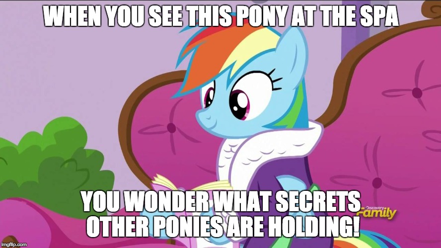 Rainbow Dash caught at the spa | WHEN YOU SEE THIS PONY AT THE SPA; YOU WONDER WHAT SECRETS OTHER PONIES ARE HOLDING! | image tagged in rainbow dash caught at the spa | made w/ Imgflip meme maker