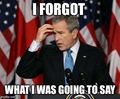 George w Bush | I FORGOT; WHAT I WAS GOING TO SAY | image tagged in george w bush | made w/ Imgflip meme maker