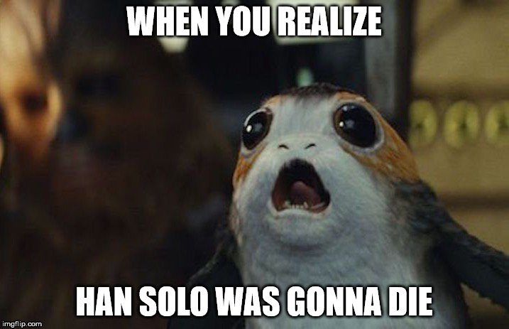 Star Wars Porg | WHEN YOU REALIZE; HAN SOLO WAS GONNA DIE | image tagged in star wars porg | made w/ Imgflip meme maker