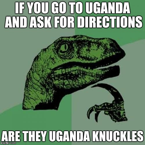 Philosoraptor | IF YOU GO TO UGANDA AND ASK FOR DIRECTIONS; ARE THEY UGANDA KNUCKLES | image tagged in memes,philosoraptor | made w/ Imgflip meme maker