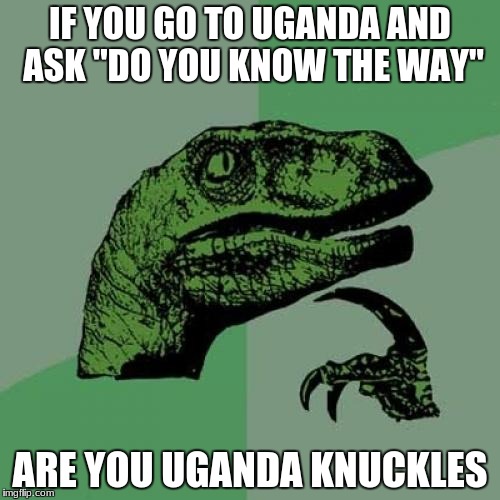 Philosoraptor | IF YOU GO TO UGANDA AND ASK ''DO YOU KNOW THE WAY''; ARE YOU UGANDA KNUCKLES | image tagged in memes,philosoraptor | made w/ Imgflip meme maker