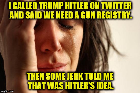 HISTORY 101 | I CALLED TRUMP HITLER ON TWITTER AND SAID WE NEED A GUN REGISTRY. THEN SOME JERK TOLD ME THAT WAS HITLER'S IDEA. | image tagged in memes,first world problems,liberals,trump | made w/ Imgflip meme maker