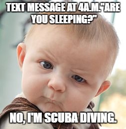 Dumb texts be like.. | TEXT MESSAGE AT 4A.M."ARE YOU SLEEPING?"; NO, I'M SCUBA DIVING. | image tagged in memes,skeptical baby | made w/ Imgflip meme maker