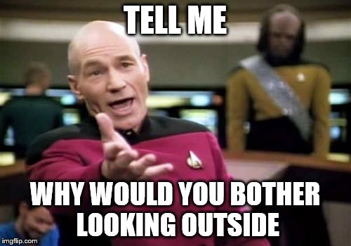 Picard Wtf Meme | TELL ME WHY WOULD YOU BOTHER LOOKING OUTSIDE | image tagged in memes,picard wtf | made w/ Imgflip meme maker