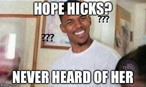 Nick Cannon Dafuq | HOPE HICKS? NEVER HEARD OF HER | image tagged in nick cannon dafuq | made w/ Imgflip meme maker