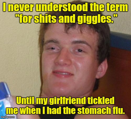 10 Guy Meme | I never understood the term "for shits and giggles."; Until my girlfriend tickled me when I had the stomach flu. | image tagged in memes,10 guy | made w/ Imgflip meme maker
