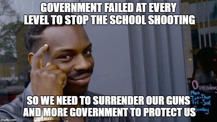Roll Safe Think About It Meme | GOVERNMENT FAILED AT EVERY LEVEL TO STOP THE SCHOOL SHOOTING; SO WE NEED TO SURRENDER OUR GUNS AND MORE GOVERNMENT TO PROTECT US | image tagged in memes,roll safe think about it | made w/ Imgflip meme maker