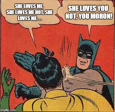 Batman Slapping Robin Meme | SHE LOVES ME, SHE LOVES ME NOT,
SHE LOVES ME. . . SHE LOVES YOU NOT, YOU MORON! | image tagged in memes,batman slapping robin | made w/ Imgflip meme maker