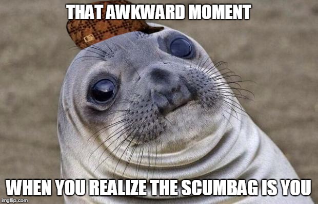Awkward Moment Sealion Meme | THAT AWKWARD MOMENT; WHEN YOU REALIZE THE SCUMBAG IS YOU | image tagged in memes,awkward moment sealion,scumbag | made w/ Imgflip meme maker