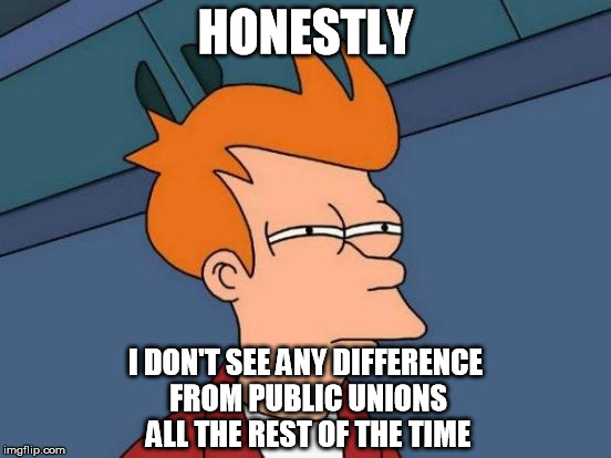 Futurama Fry Meme | HONESTLY I DON'T SEE ANY DIFFERENCE FROM PUBLIC UNIONS ALL THE REST OF THE TIME | image tagged in memes,futurama fry | made w/ Imgflip meme maker