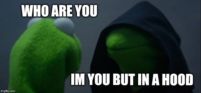 Evil Kermit | WHO ARE YOU; IM YOU BUT IN A HOOD | image tagged in memes,evil kermit | made w/ Imgflip meme maker