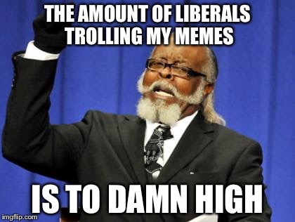 Actually I find liberals hilarious:) | THE AMOUNT OF LIBERALS TROLLING MY MEMES; IS TO DAMN HIGH | image tagged in memes,too damn high | made w/ Imgflip meme maker