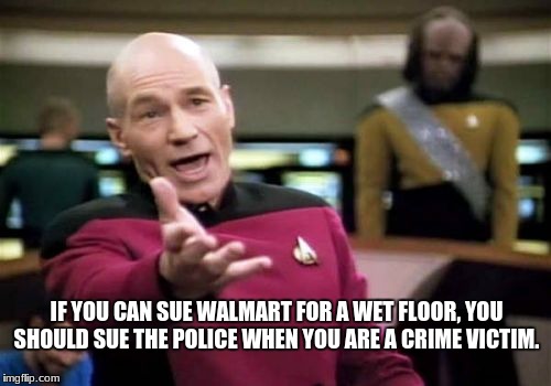 Picard Wtf Meme | IF YOU CAN SUE WALMART FOR A WET FLOOR, YOU SHOULD SUE THE POLICE WHEN YOU ARE A CRIME VICTIM. | image tagged in memes,picard wtf | made w/ Imgflip meme maker