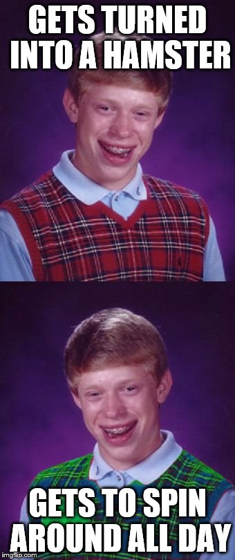 Bad luck Brian Good Luck Brian | GETS TURNED INTO A HAMSTER GETS TO SPIN AROUND ALL DAY | image tagged in bad luck brian good luck brian | made w/ Imgflip meme maker