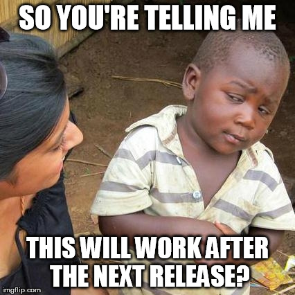 Third World Skeptical Kid Meme | SO YOU'RE TELLING ME; THIS WILL WORK AFTER THE NEXT RELEASE? | image tagged in memes,third world skeptical kid | made w/ Imgflip meme maker