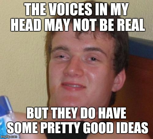 10 Guy Meme | THE VOICES IN MY HEAD MAY NOT BE REAL; BUT THEY DO HAVE SOME PRETTY GOOD IDEAS | image tagged in memes,10 guy | made w/ Imgflip meme maker