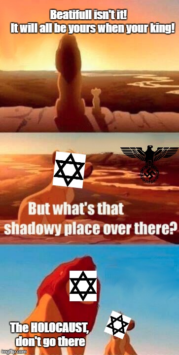 Simba Shadowy Place Meme | Beatifull isn't it!
        It will all be yours when your king! The HOLOCAUST, don't go there | image tagged in memes,simba shadowy place | made w/ Imgflip meme maker
