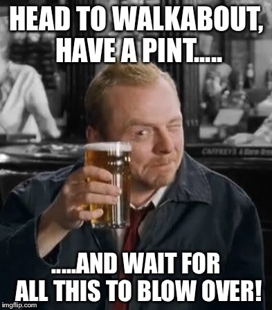 Shaun of the Dead | HEAD TO WALKABOUT, HAVE A PINT..... .....AND WAIT FOR ALL THIS TO BLOW OVER! | image tagged in shaun of the dead | made w/ Imgflip meme maker
