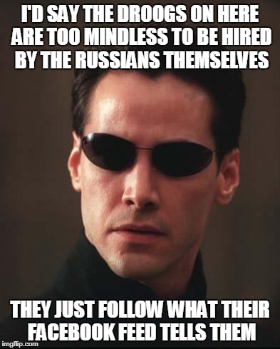 I'D SAY THE DROOGS ON HERE ARE TOO MINDLESS TO BE HIRED BY THE RUSSIANS THEMSELVES THEY JUST FOLLOW WHAT THEIR FACEBOOK FEED TELLS THEM | made w/ Imgflip meme maker