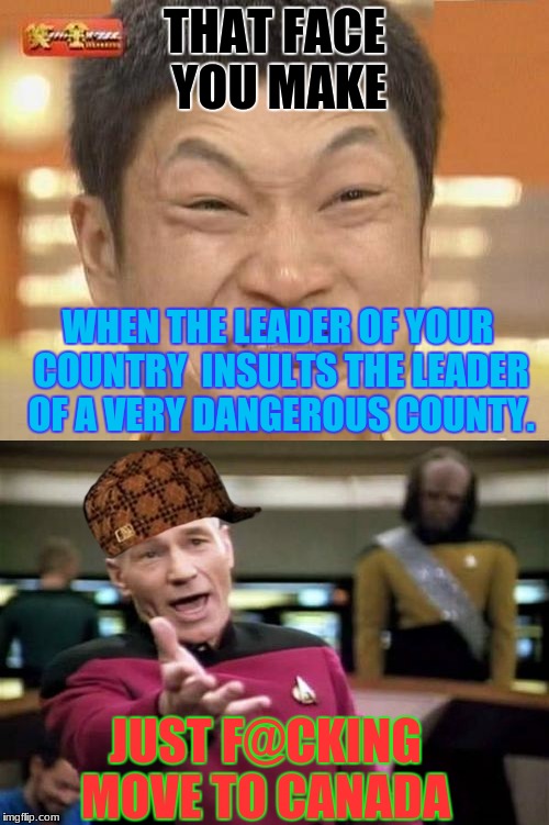 Just Move To Canada! | THAT FACE YOU MAKE; WHEN THE LEADER OF YOUR COUNTRY  INSULTS THE LEADER OF A VERY DANGEROUS COUNTY. JUST F@CKING MOVE TO CANADA | image tagged in canada,scumbag,memes,trump,politics | made w/ Imgflip meme maker