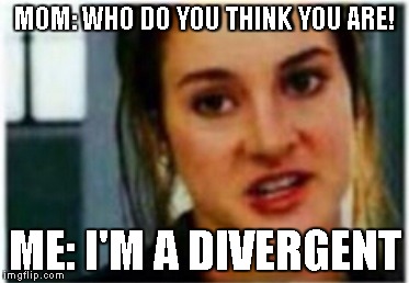 I'm a Divergent. I can't be controlled | MOM: WHO DO YOU THINK YOU ARE! ME: I'M A DIVERGENT | image tagged in i'm a divergent i can't be controlled | made w/ Imgflip meme maker