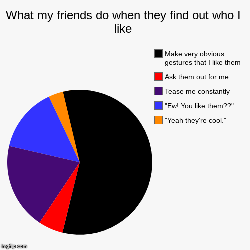 What my friends do when they find out who I like | "Yeah they're cool.", "Ew! You like them??", Tease me constantly, Ask them out for me, Ma | image tagged in funny,pie charts | made w/ Imgflip chart maker