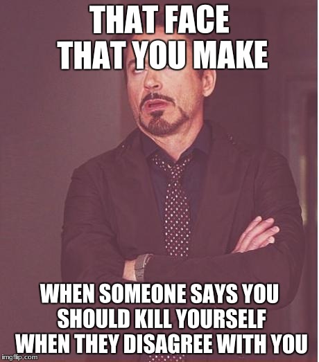 That face you make | THAT FACE THAT YOU MAKE; WHEN SOMEONE SAYS YOU SHOULD KILL YOURSELF WHEN THEY DISAGREE WITH YOU | image tagged in memes,face you make robert downey jr | made w/ Imgflip meme maker