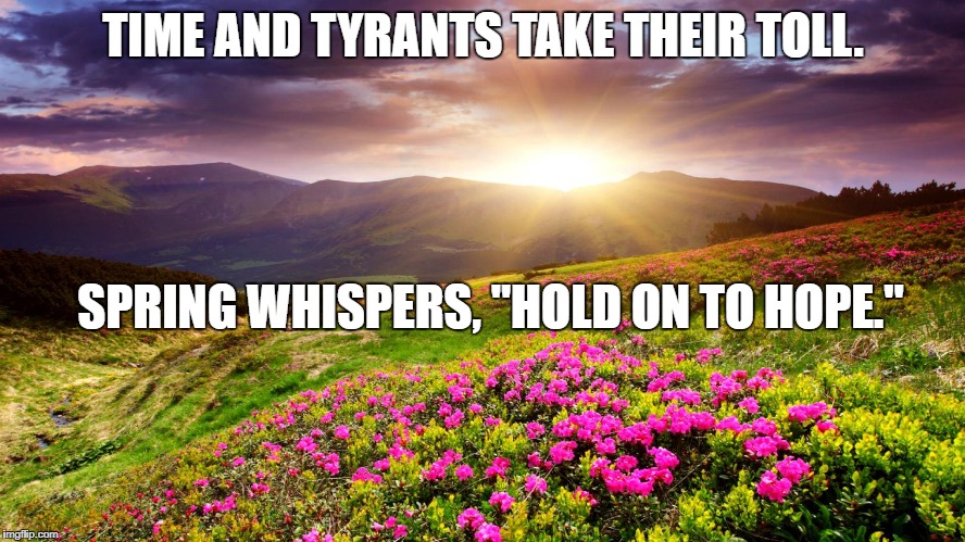 Field of Flowers | TIME AND TYRANTS TAKE THEIR TOLL. SPRING WHISPERS, "HOLD ON TO HOPE." | image tagged in field of flowers | made w/ Imgflip meme maker