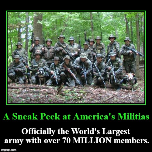 A Sneak Peek at America's Militias | A Sneak Peek at America's Militias | Officially the World's Largest army with over 70 MILLION members. | image tagged in motivationals,america's militias,world's largest army,70 million members,2nd amendment,right to keep and bear arms shall not be  | made w/ Imgflip demotivational maker