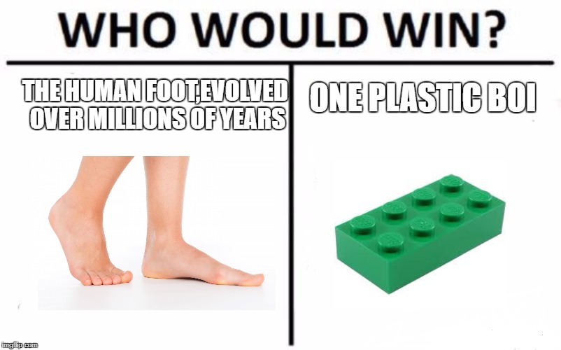 Who Would Win? Meme | ONE PLASTIC BOI; THE HUMAN FOOT,EVOLVED OVER MILLIONS OF YEARS | image tagged in memes,who would win | made w/ Imgflip meme maker