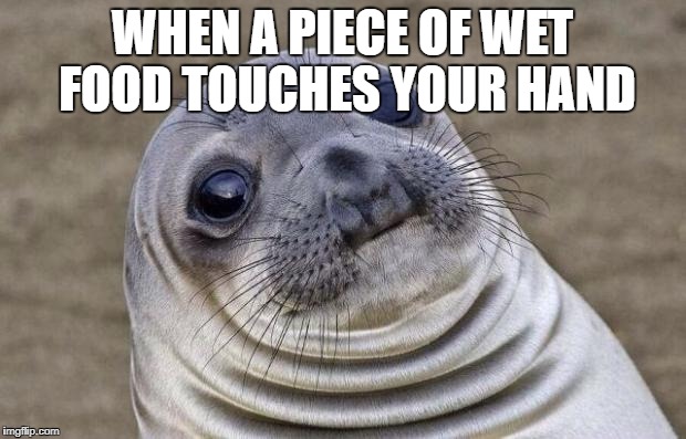 Awkward Moment Sealion | WHEN A PIECE OF WET FOOD TOUCHES YOUR HAND | image tagged in memes,awkward moment sealion | made w/ Imgflip meme maker
