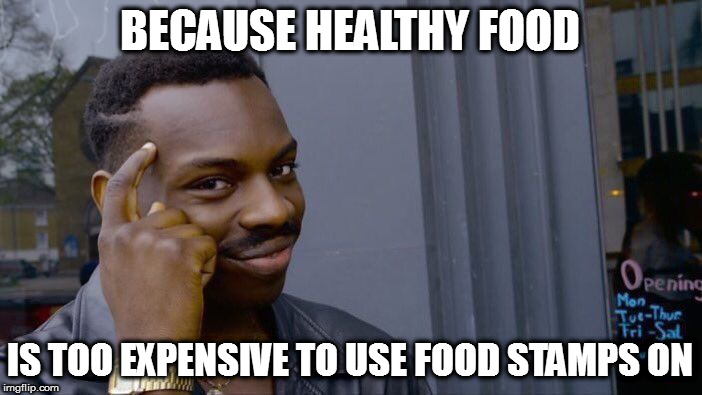 Roll Safe Think About It Meme | BECAUSE HEALTHY FOOD IS TOO EXPENSIVE TO USE FOOD STAMPS ON | image tagged in memes,roll safe think about it | made w/ Imgflip meme maker