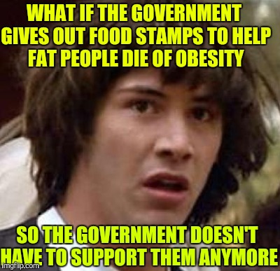WHAT IF THE GOVERNMENT GIVES OUT FOOD STAMPS TO HELP FAT PEOPLE DIE OF OBESITY SO THE GOVERNMENT DOESN'T HAVE TO SUPPORT THEM ANYMORE | made w/ Imgflip meme maker