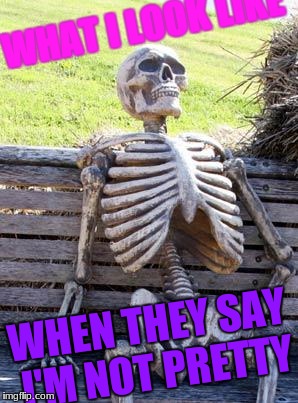 Waiting Skeleton Meme | WHAT I LOOK LIKE; WHEN THEY SAY I'M NOT PRETTY | image tagged in memes,waiting skeleton | made w/ Imgflip meme maker