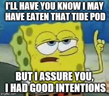 Children aren't capable of making their own decisions, so allowing them to vote at 16 and join the military at 17 is a bad idea. | I'LL HAVE YOU KNOW I MAY HAVE EATEN THAT TIDE POD; BUT I ASSURE YOU, I HAD GOOD INTENTIONS | image tagged in memes,ill have you know spongebob,children,tide pods | made w/ Imgflip meme maker