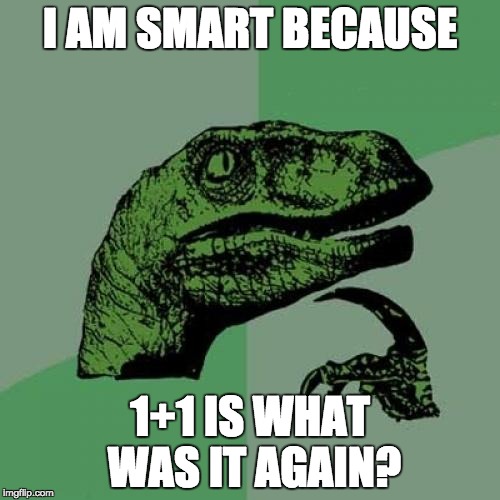 Philosoraptor | I AM SMART BECAUSE; 1+1 IS WHAT WAS IT AGAIN? | image tagged in memes,philosoraptor | made w/ Imgflip meme maker